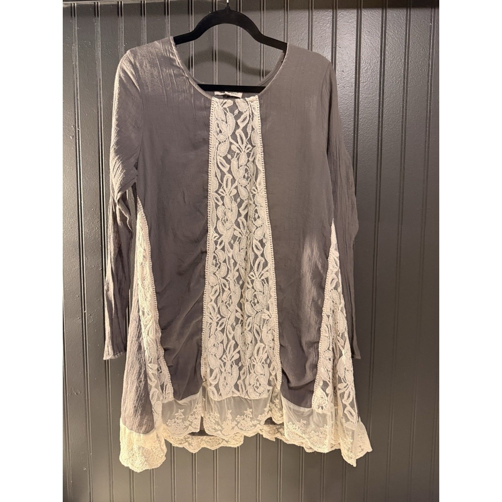 Indigo Soul Lace Tunic Top Women's Gray White Large Scoop Neck Long Sleeves
